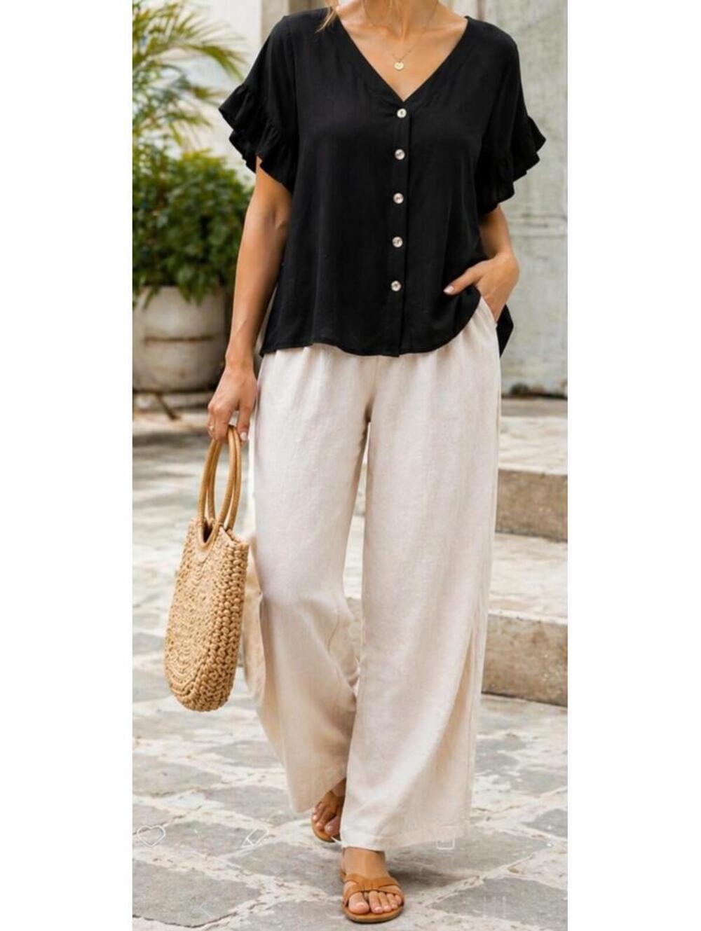 Black Rayon Flowy V-Neck Blouse Womens Sz XL Flutter Sleeve Boho Top Summer EUC